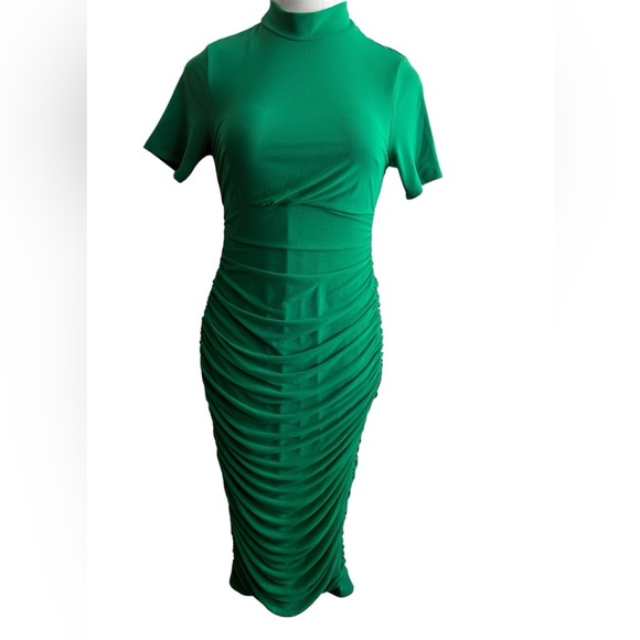 Elegant Stand Collar Green Bodycon Ruched Dress L - Picture 2 of 13